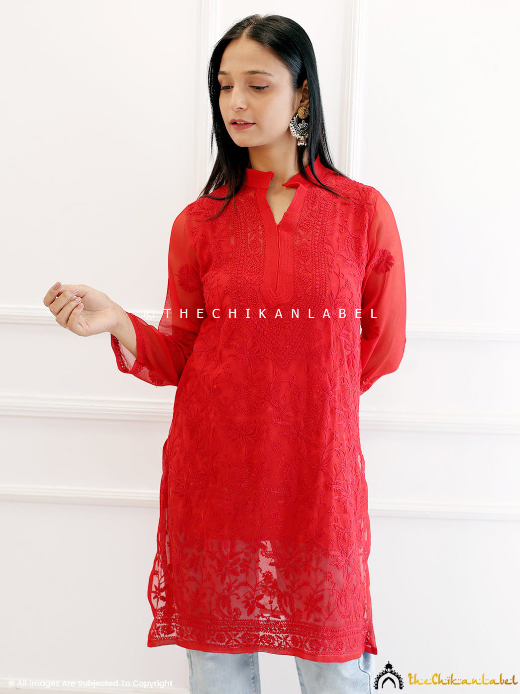 Red Georgette Chikankari Straight kurti