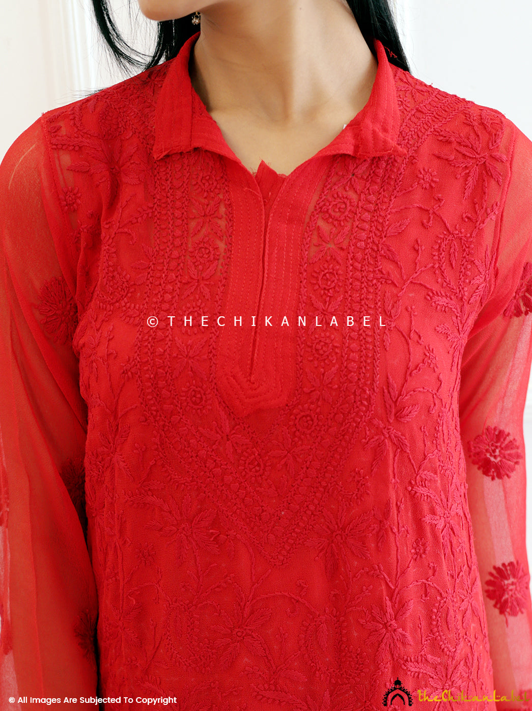 Red Georgette Chikankari Straight kurti