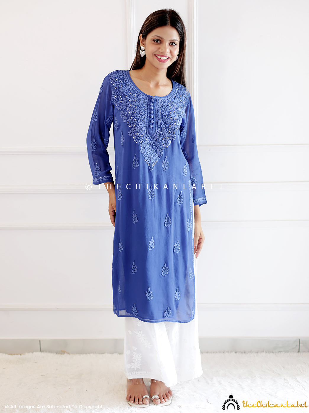 Blue Viscose Chikankari Straight Kurti