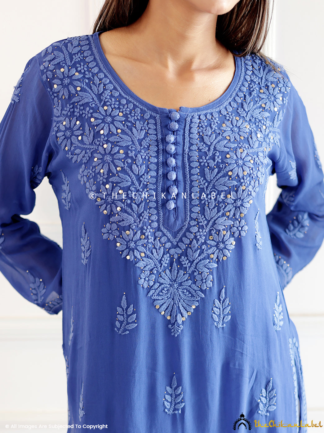 Blue Viscose Chikankari Straight Kurti