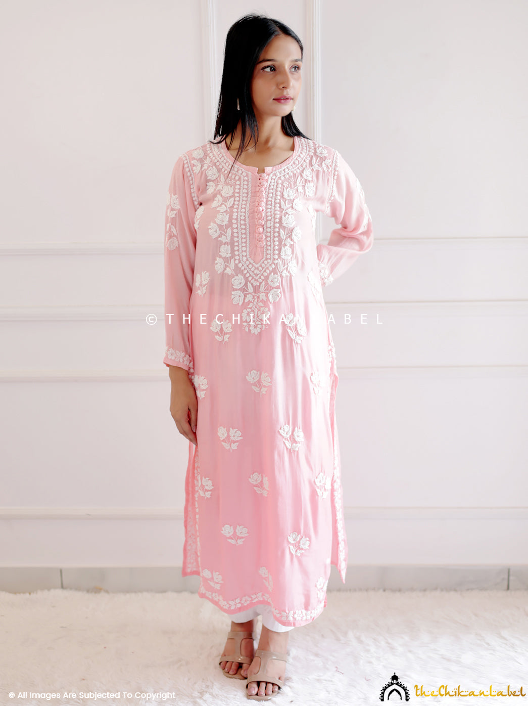 Peach Muslin Chikankari Straight Kurti