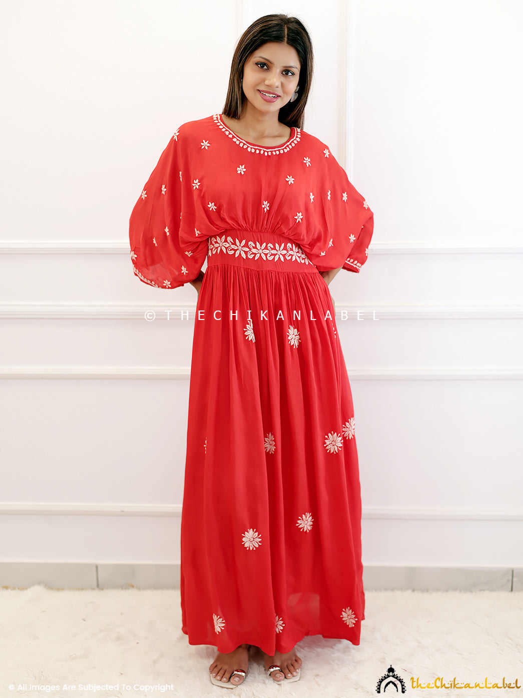 Red Muslin Chikankari Boho Kaftan