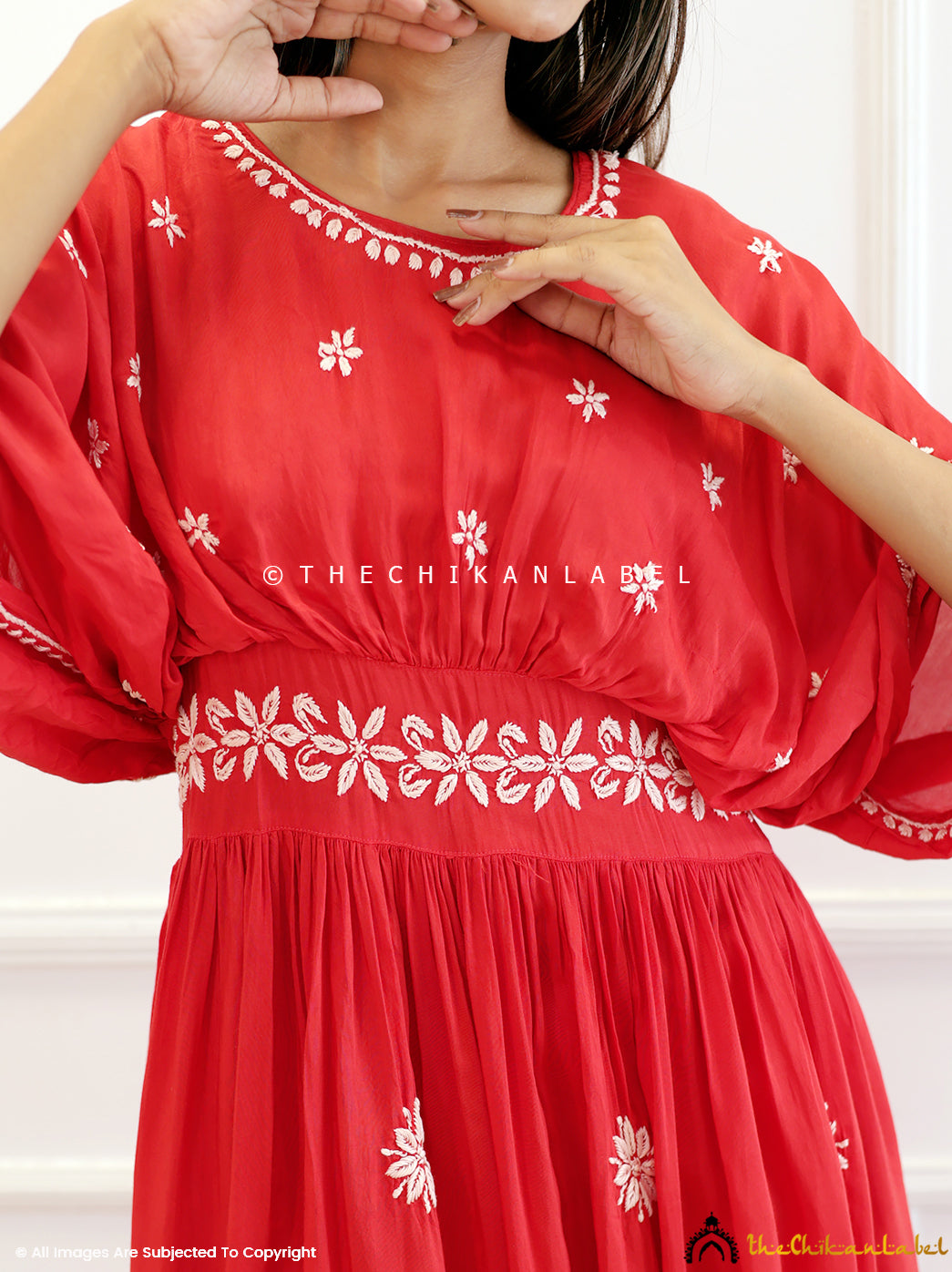 Red Muslin Chikankari Boho Kaftan