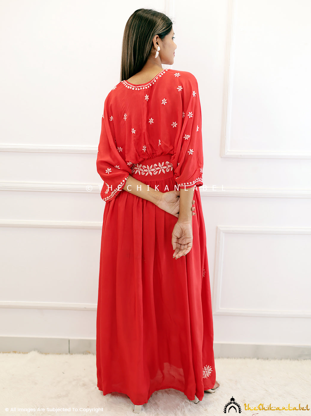 Red Muslin Chikankari Boho Kaftan
