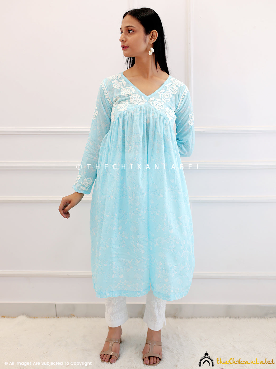 Sky Blue Mulmul Chikankari Kurti