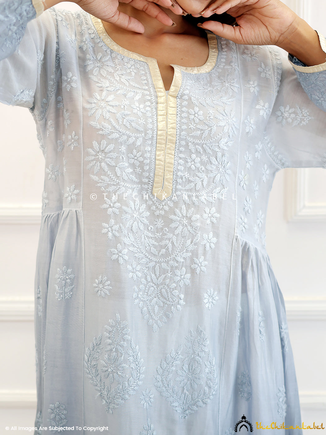 Grey Chanderi Chikankari A-Line Kurti