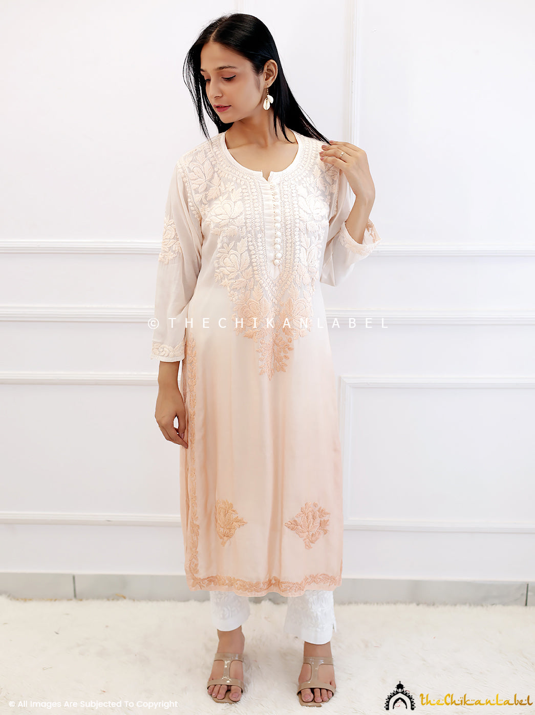Beige Muslin Chikankari Straight Kurti