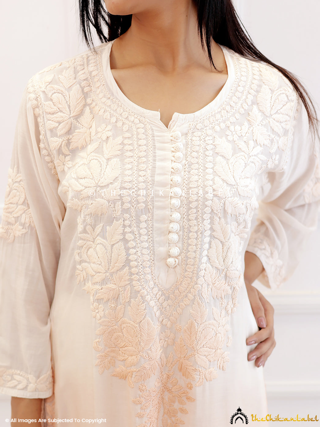 Beige Muslin Chikankari Straight Kurti