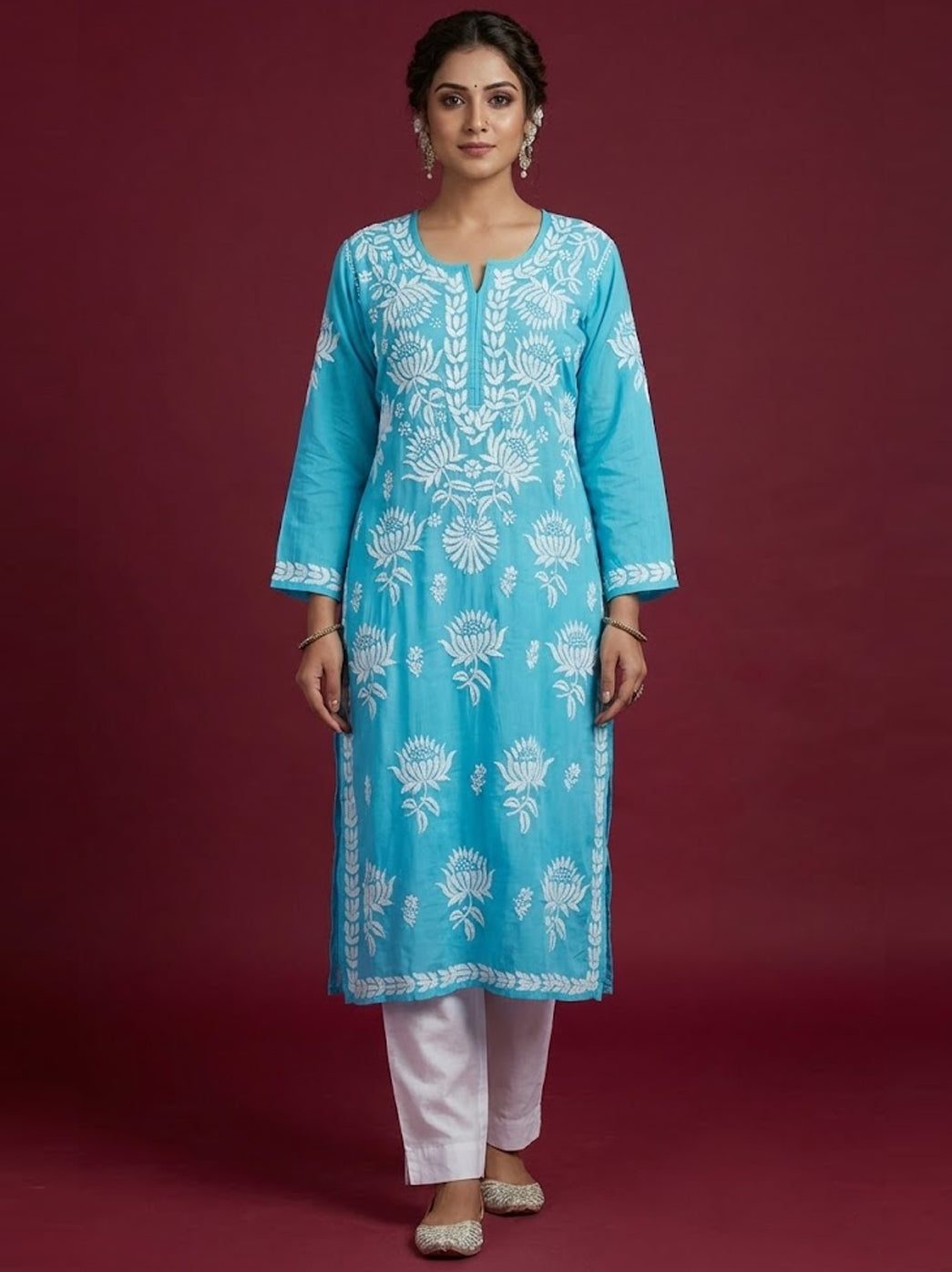 Sky Blue Modal Chikankari Straight Kurti