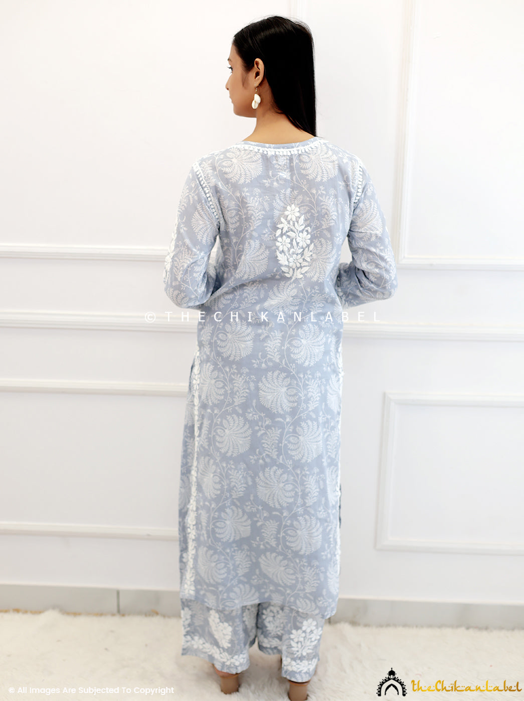 Grey Mulmul Chikankari Kurti Palazzo Set