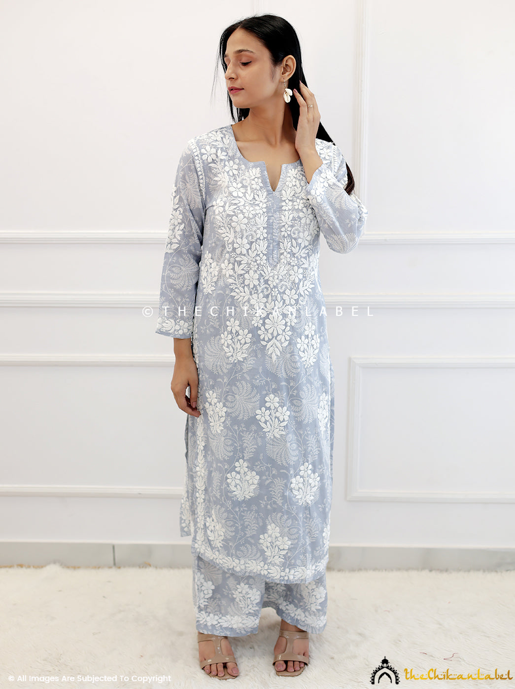 Grey Mulmul Chikankari Kurti Palazzo Set