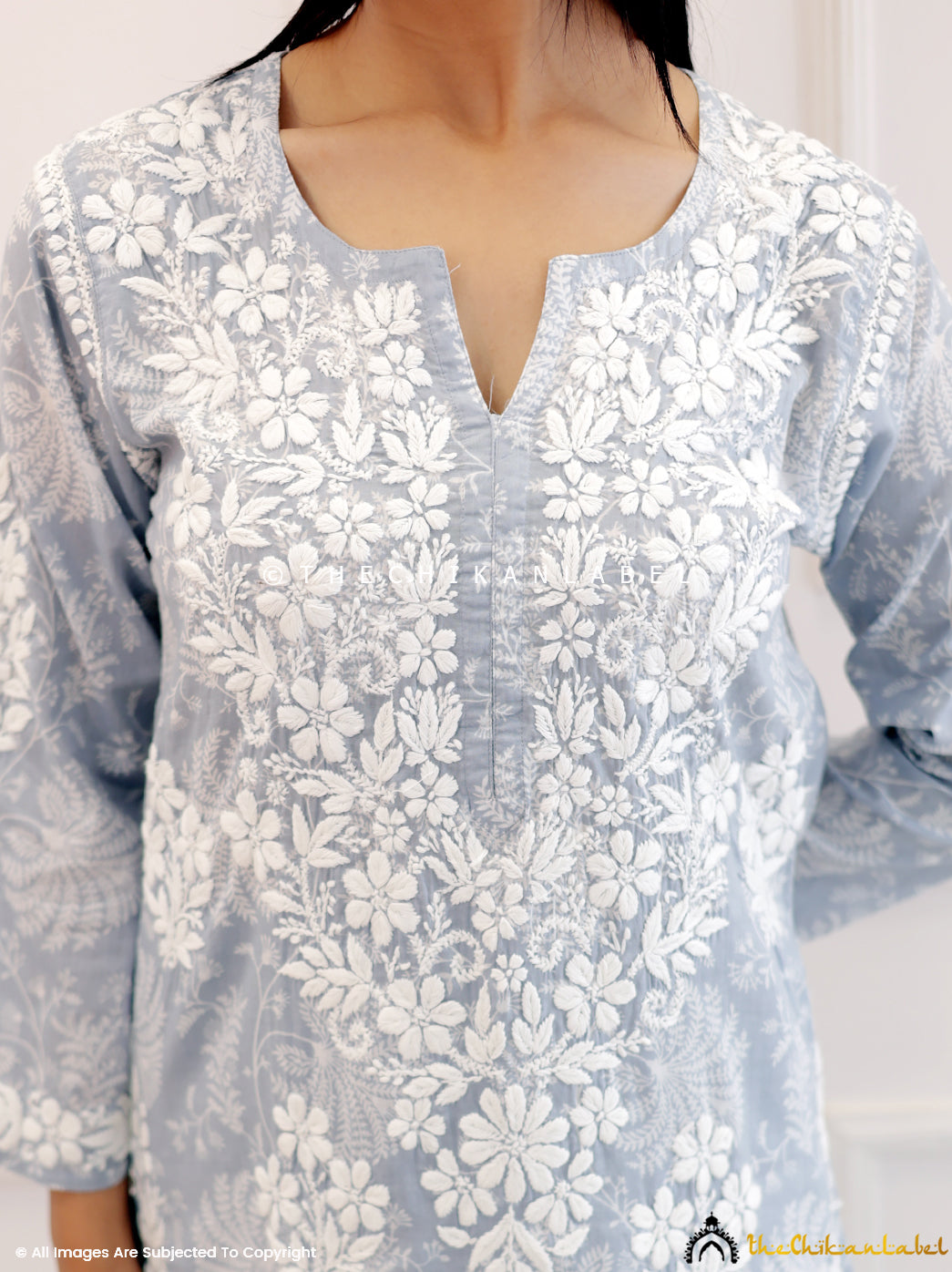 Grey Mulmul Chikankari Kurti Palazzo Set