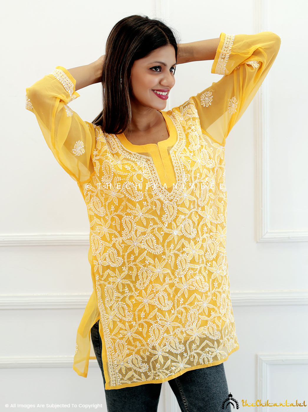Yellow Georgette Chikankari Short Jaal Kurti
