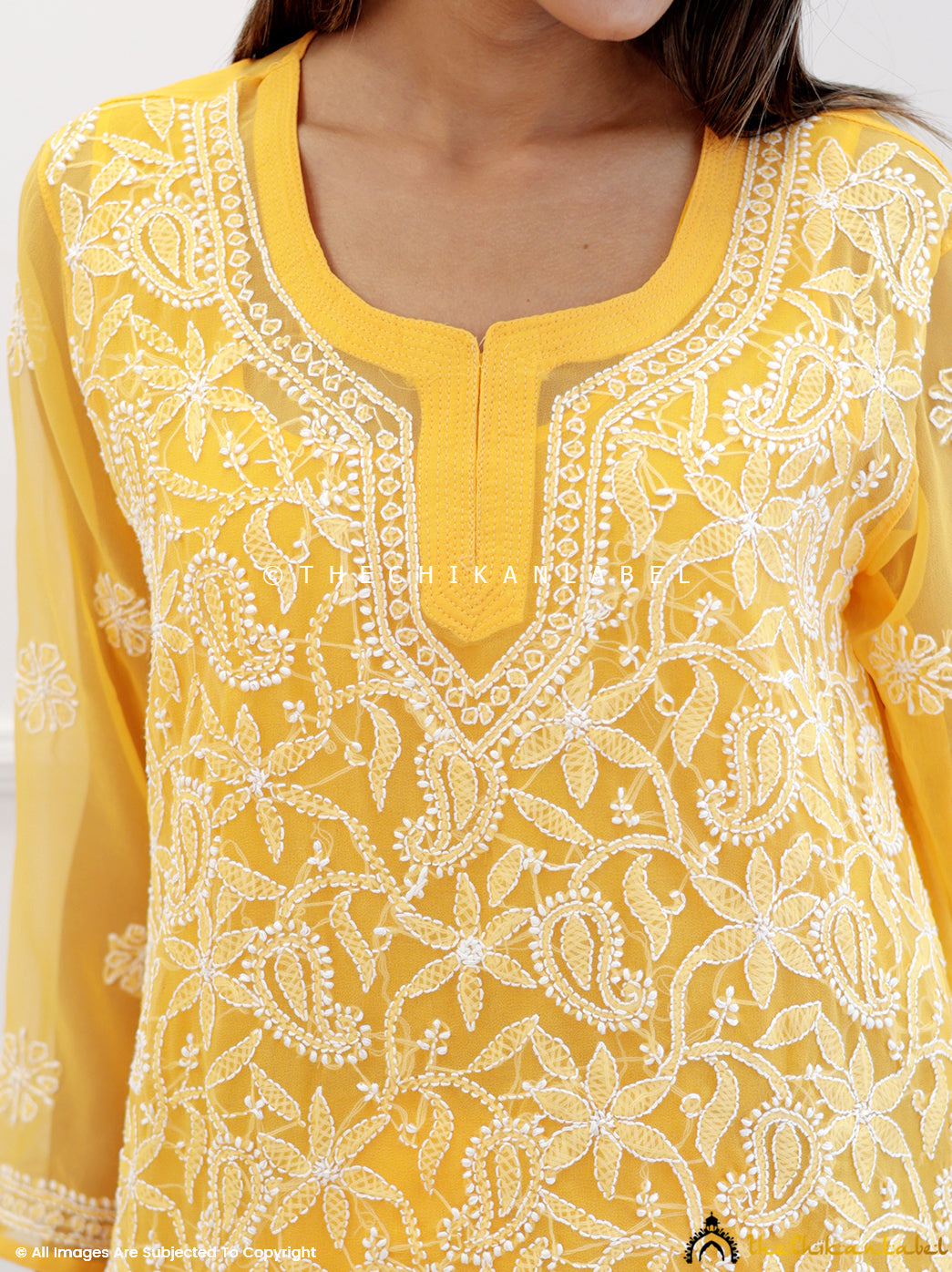 Yellow Georgette Chikankari Short Jaal Kurti