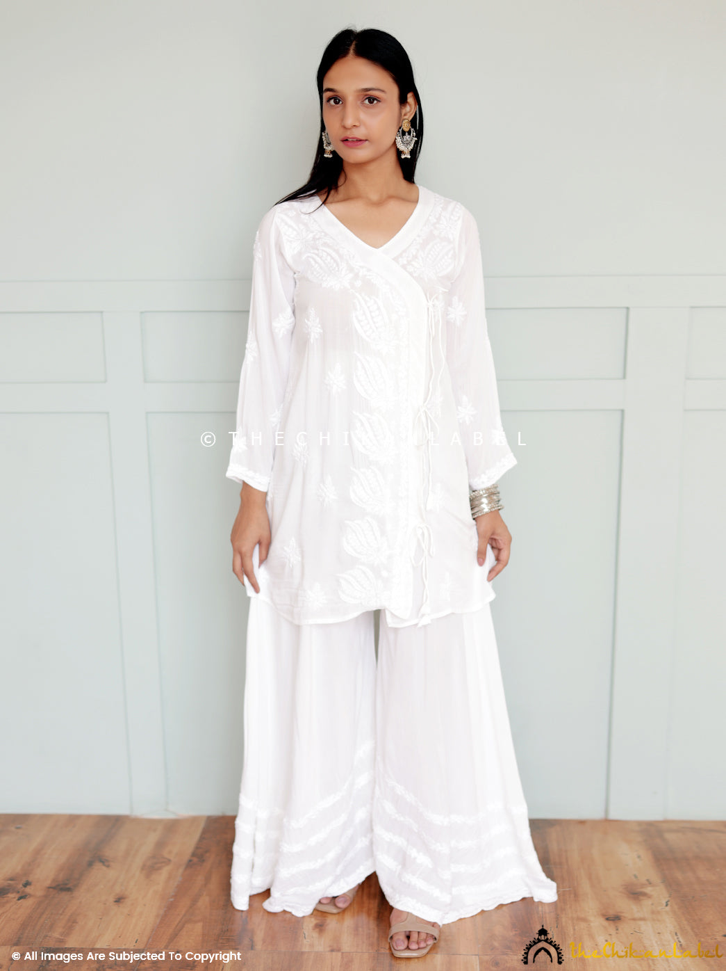 White Modal Chikankari Angrakha Kurti Palazzo Set