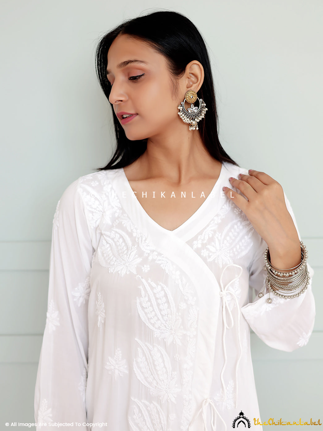 White Modal Chikankari Angrakha Kurti Palazzo Set