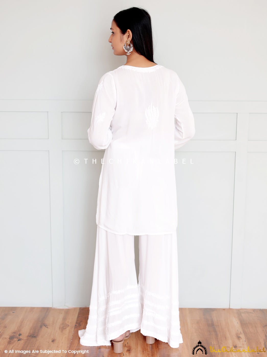 White Modal Chikankari Angrakha Kurti Palazzo Set