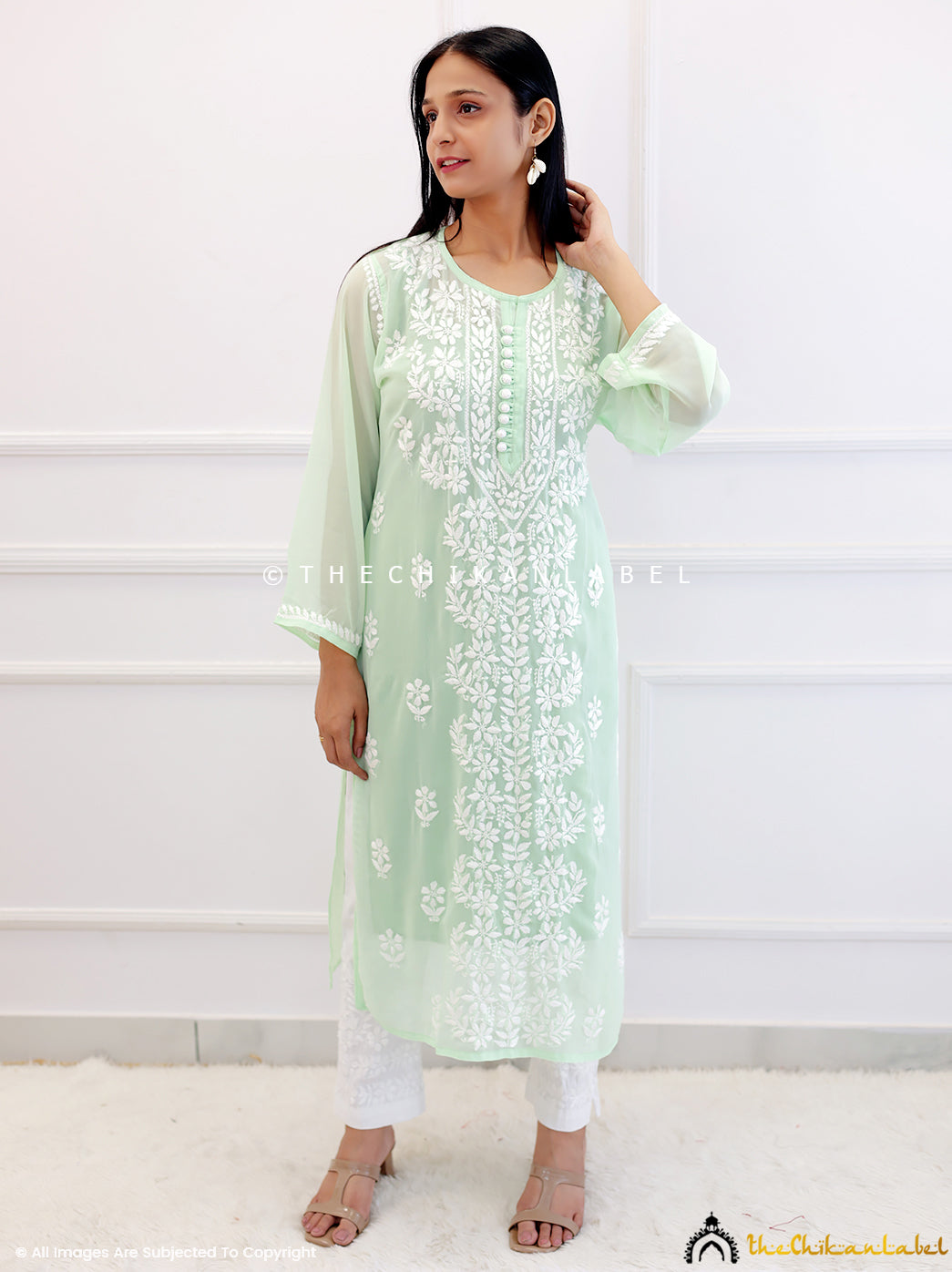 Pista Green Georgette Chikankari Straight Kurti