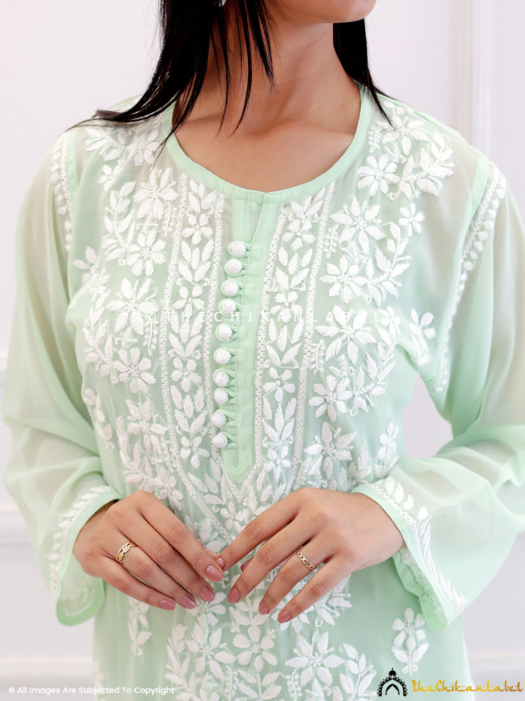 Pista Green Georgette Chikankari Straight Kurti