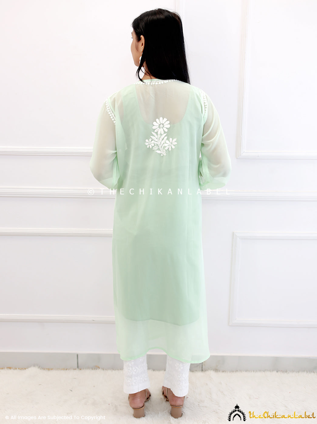 Pista Green Georgette Chikankari Straight Kurti