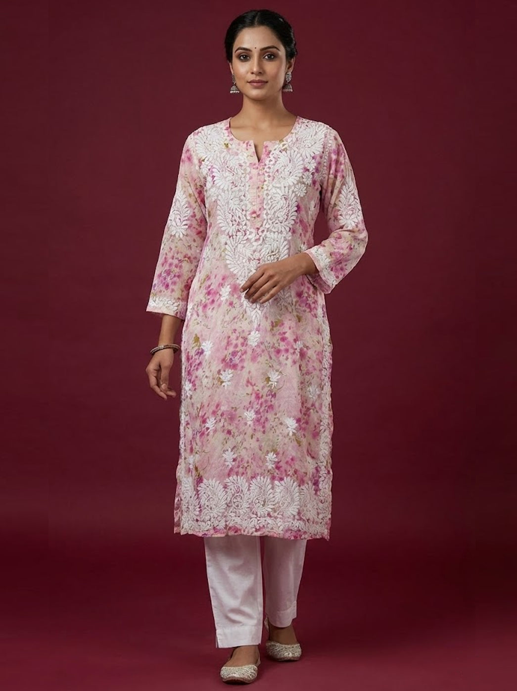 Pink Mulmul Printed Chikankari Straight Kurti
