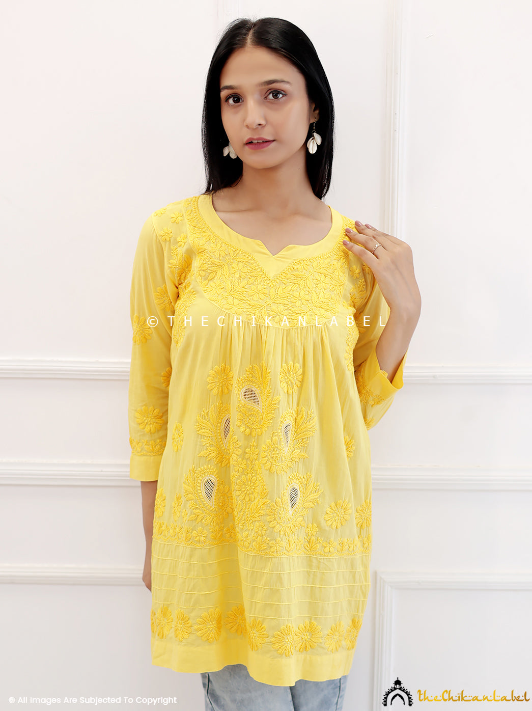 Yellow Cotton Chikankari Net Work Tunic Top