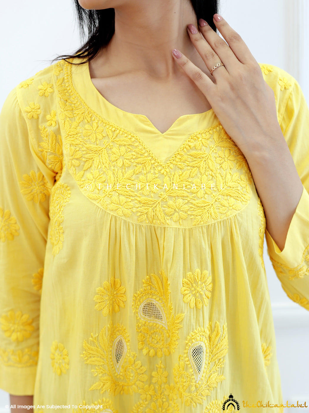 Yellow Cotton Chikankari Net Work Tunic Top