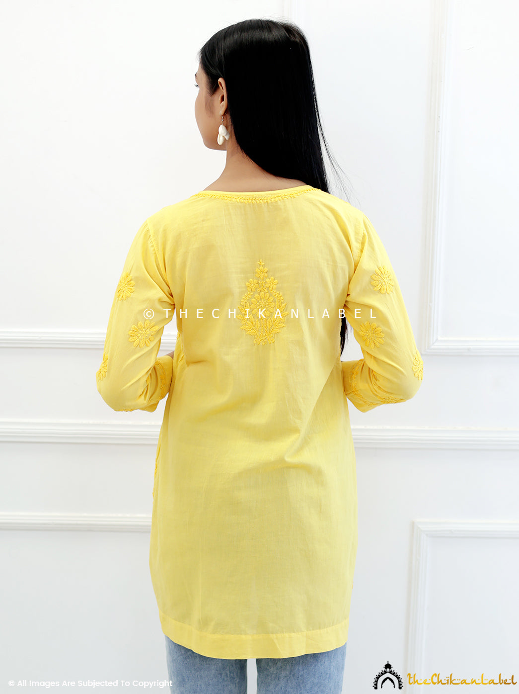 Yellow Cotton Chikankari Net Work Tunic Top