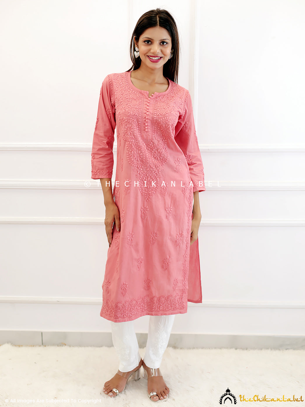 Peach Cotton Chikankari Straight Kurti