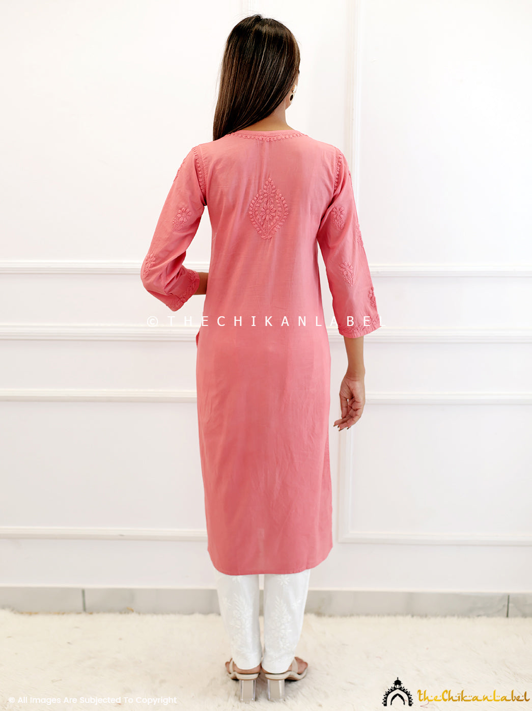 Peach Cotton Chikankari Straight Kurti