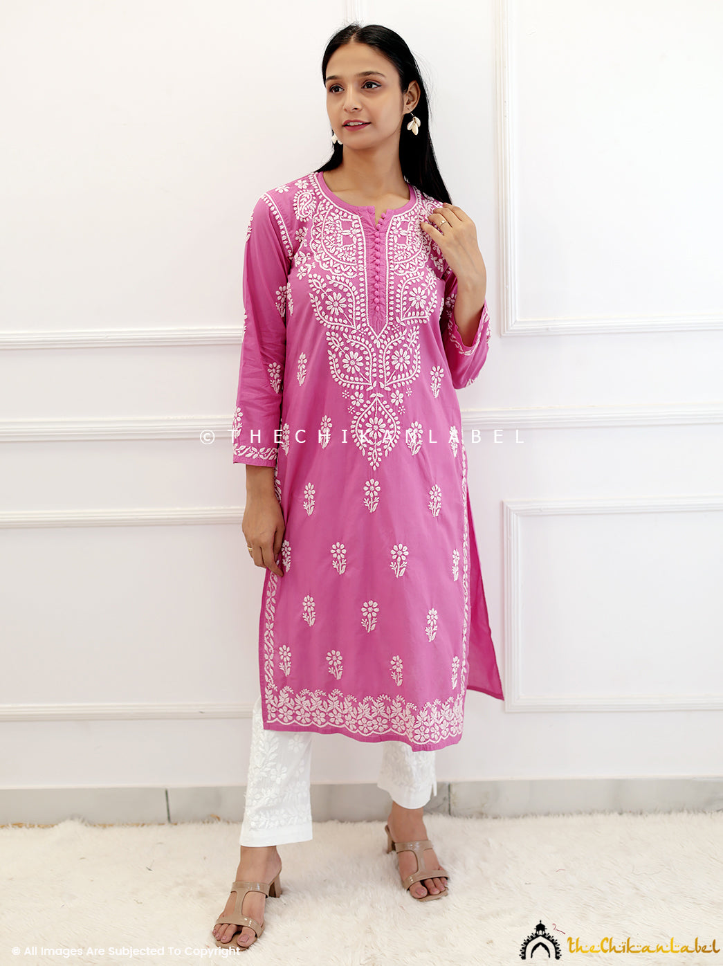 Pink Cotton Chikankari Straight Kurti