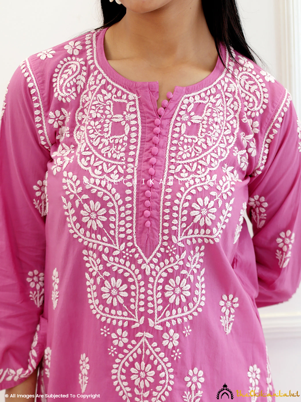 Pink Cotton Chikankari Straight Kurti