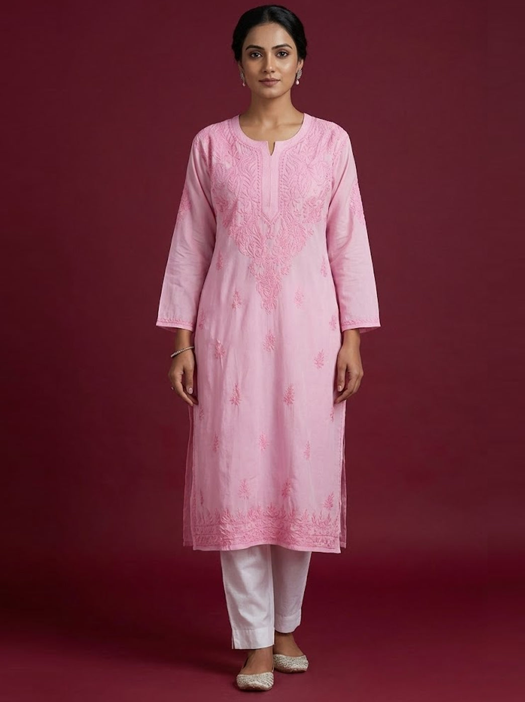 Baby Pink Modal Chikankari Straight Kurti
