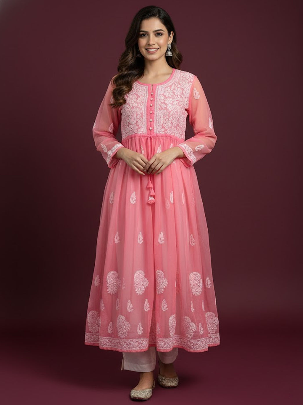 Peach Georgette Chikankari Anarkali Kurti