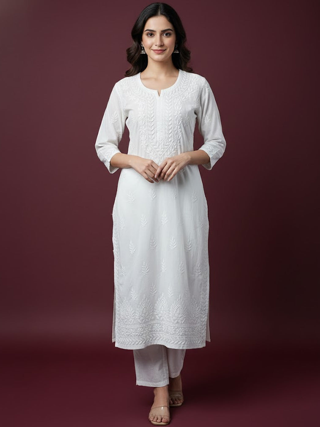 White Cotton Chikankari Straight Kurti