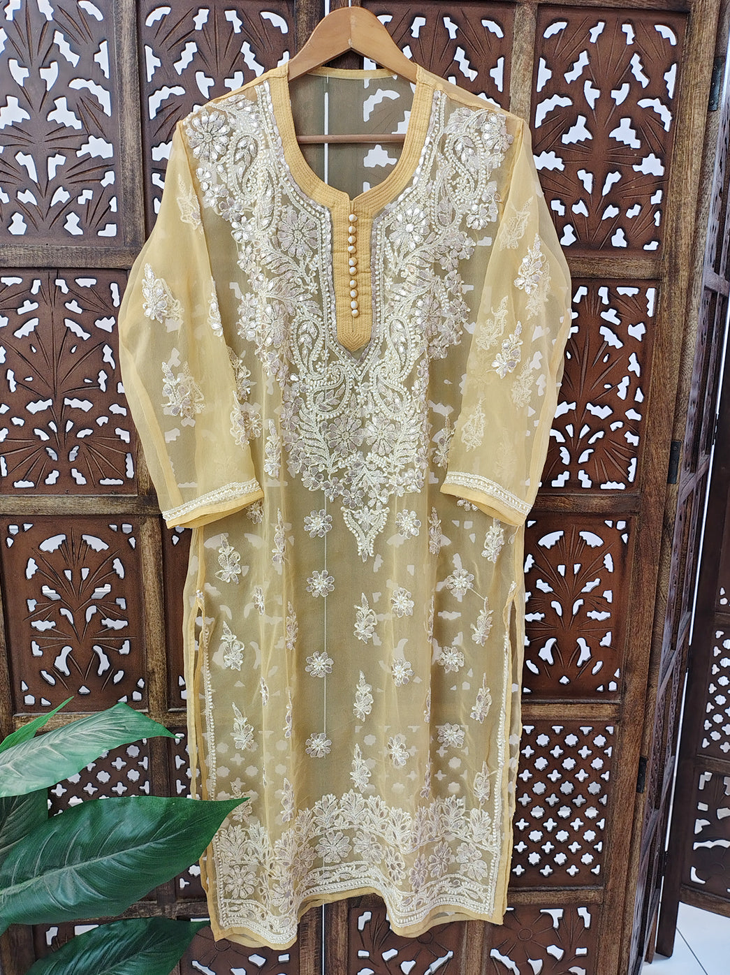 Beige Georgette Chikankari Straight Kurti