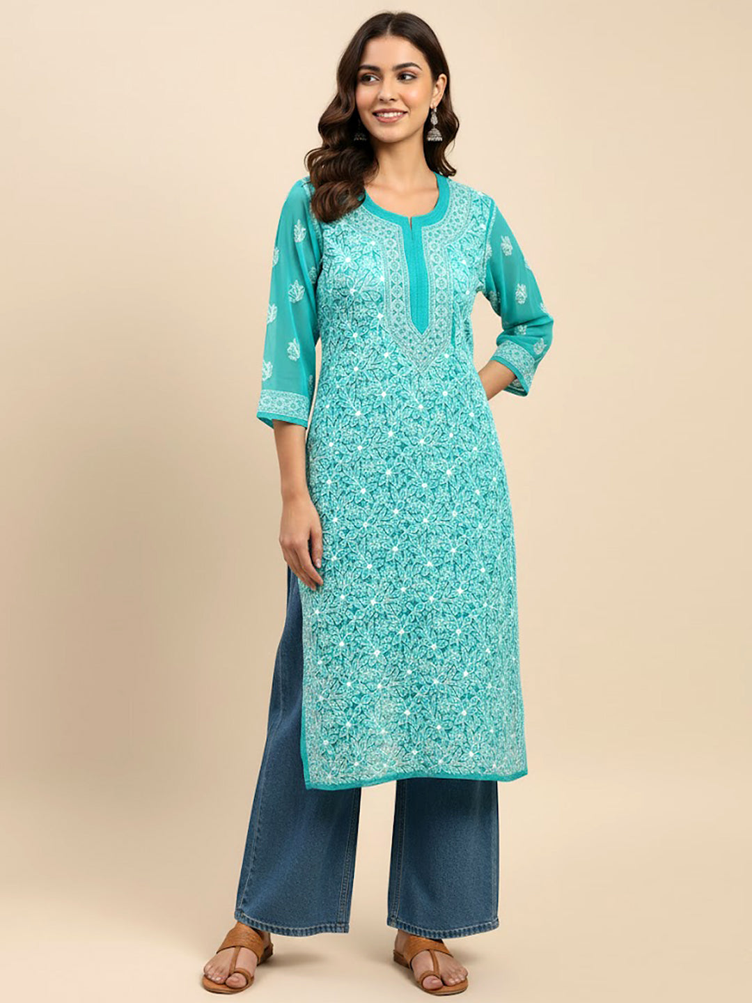 Sea Green Georgette Chikankari Straight Kurti