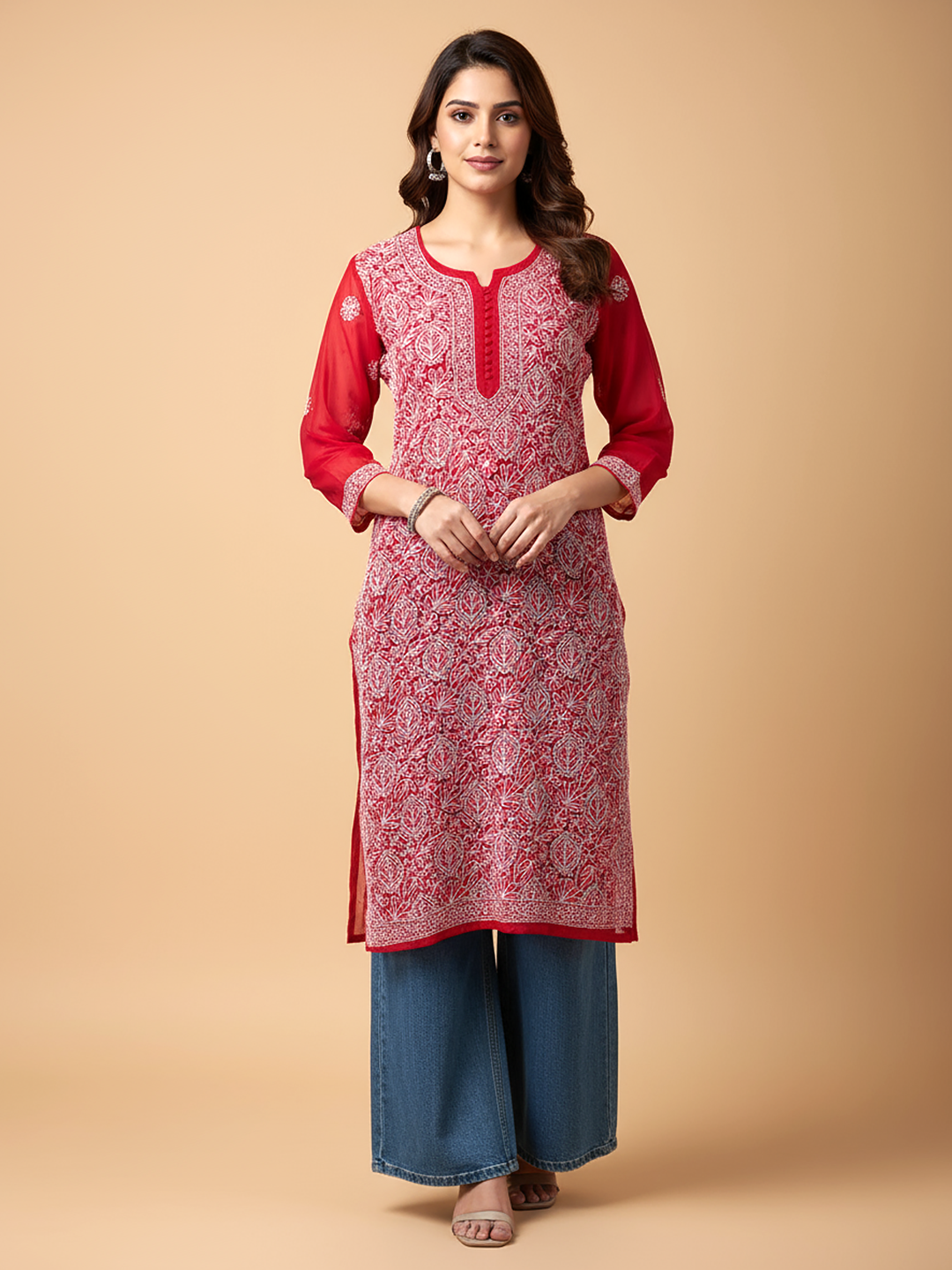 Red Georgette Chikankari Straight Kurti
