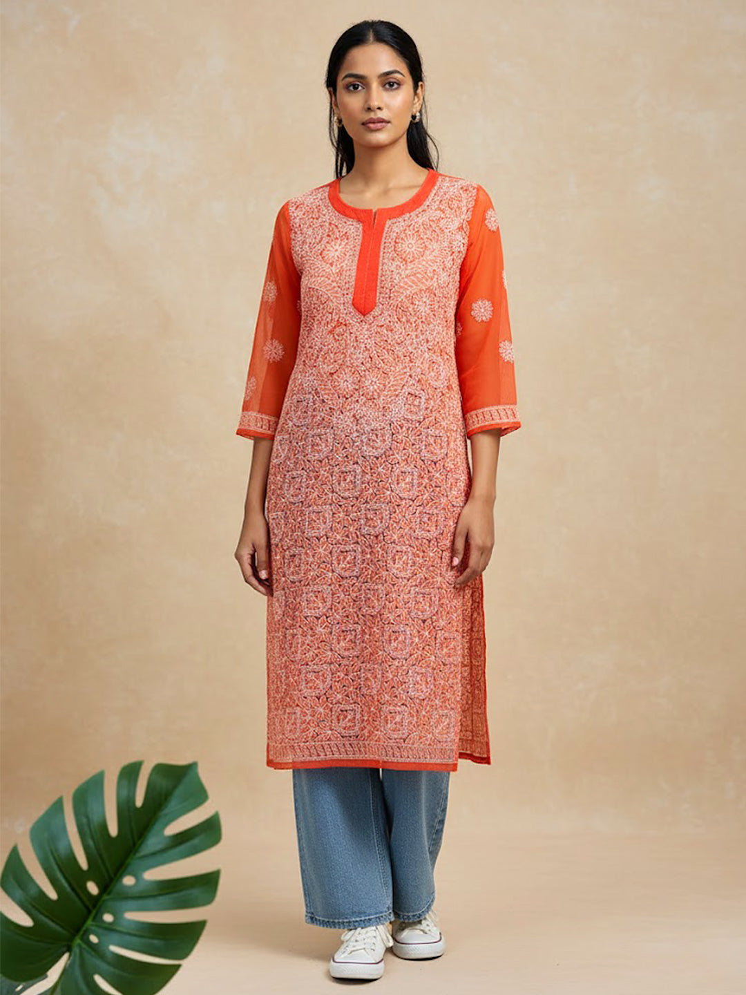 Orange Georgette Chikankari Straight Kurti