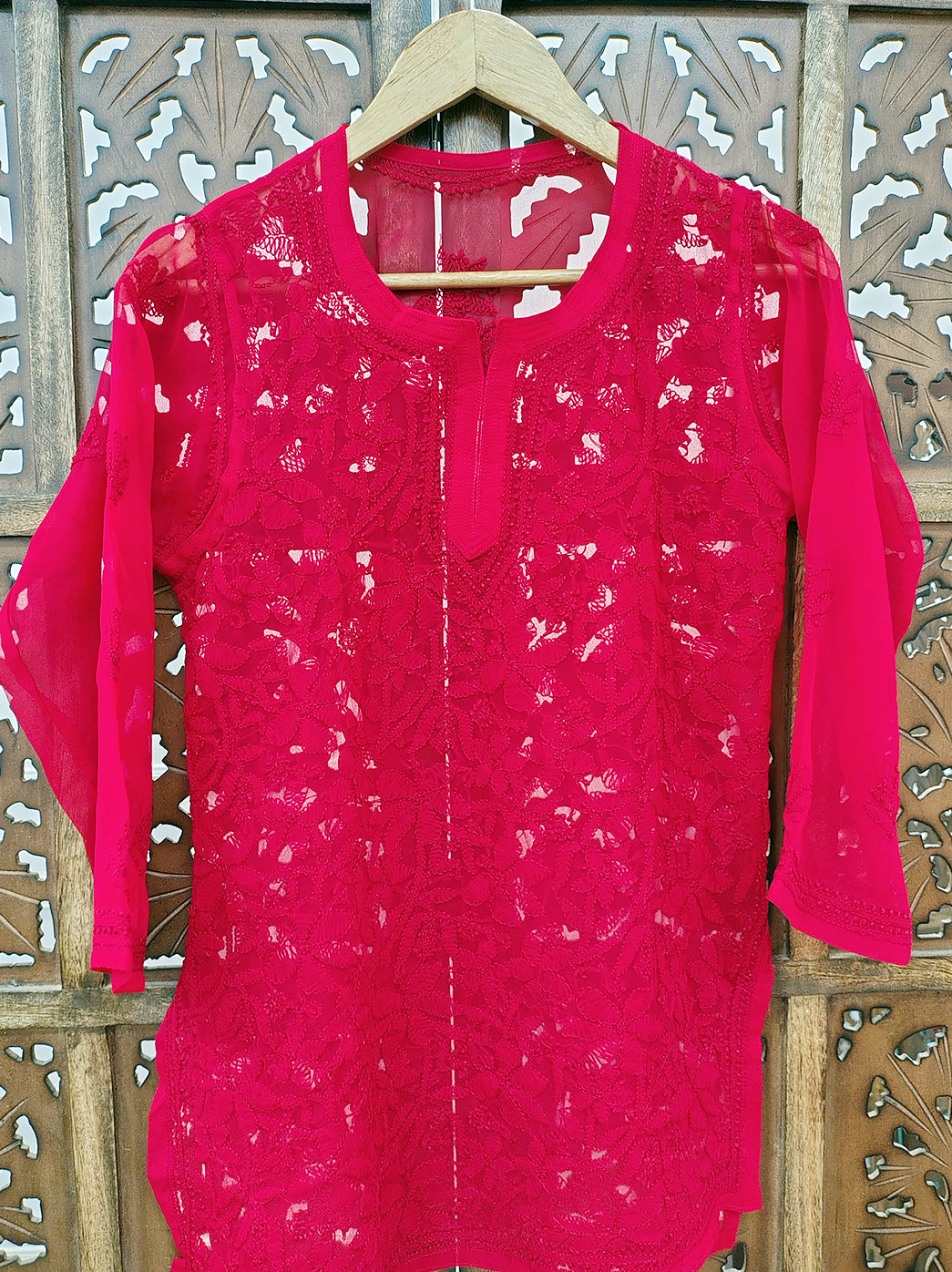 Red Georgette Chikankari Short Jaal Kurti