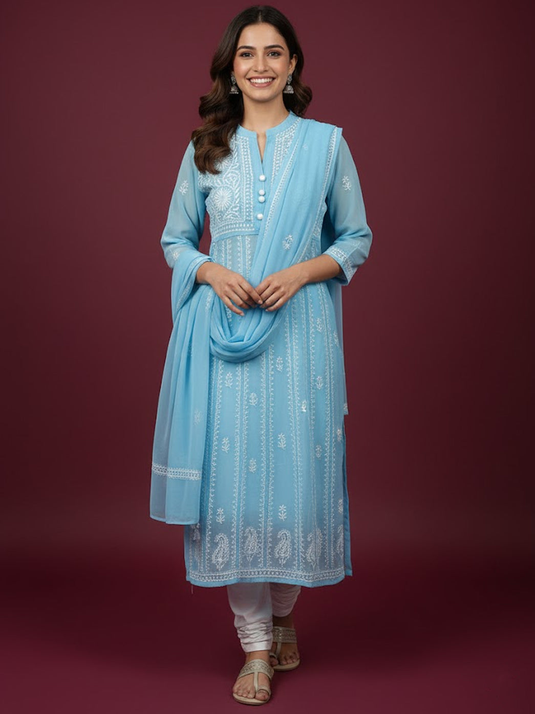 Sky Blue Georgette Chikankari Straight Kurti with Dupatta