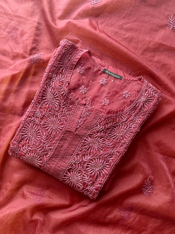 Ahilya Organza Chikankari Kurta Set - Wine