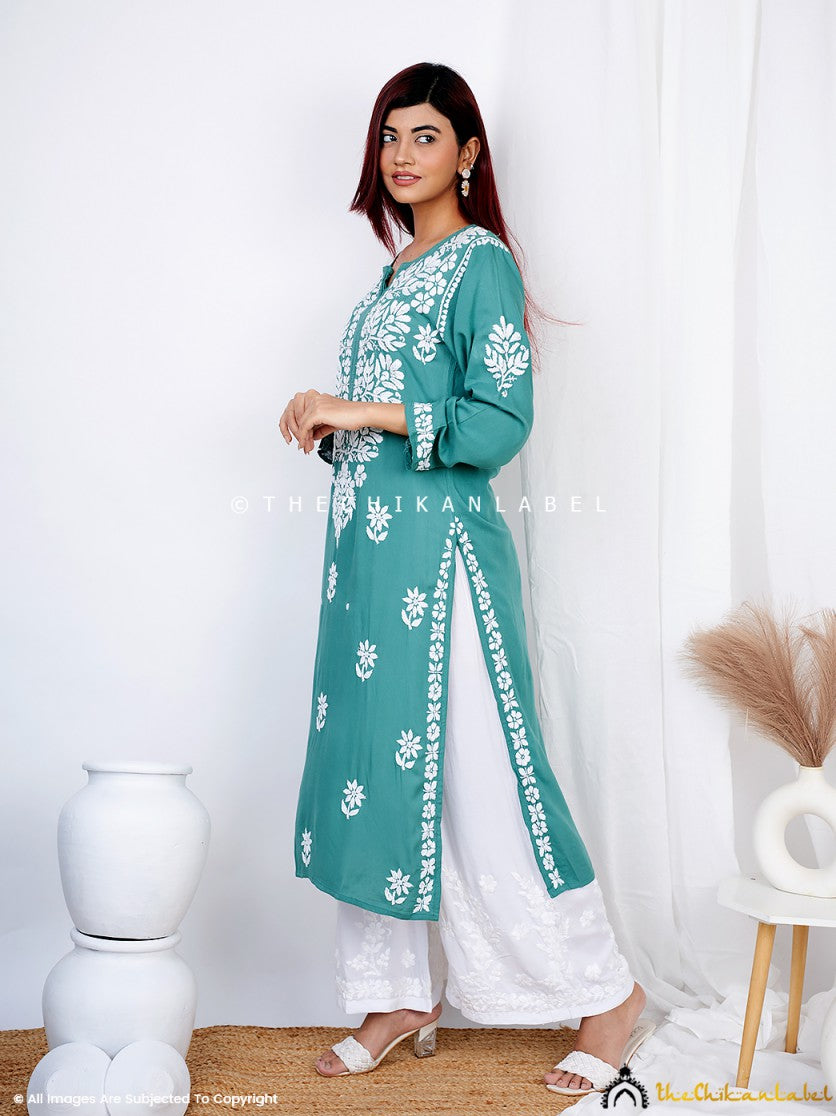 Green Binal Rayon Chikankari Straight Kurti