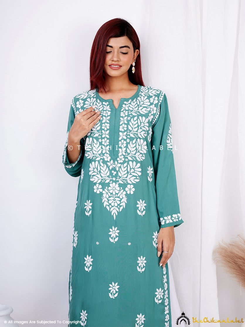Green Binal Rayon Chikankari Straight Kurti