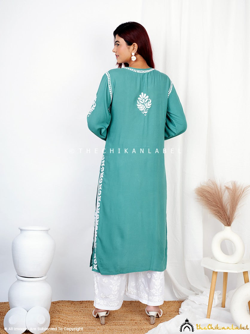 Green Binal Rayon Chikankari Straight Kurti