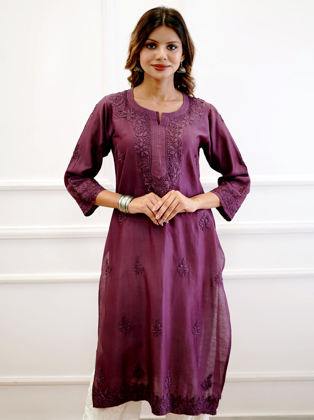 Purple Chanderi Chikankari Straight Kurti