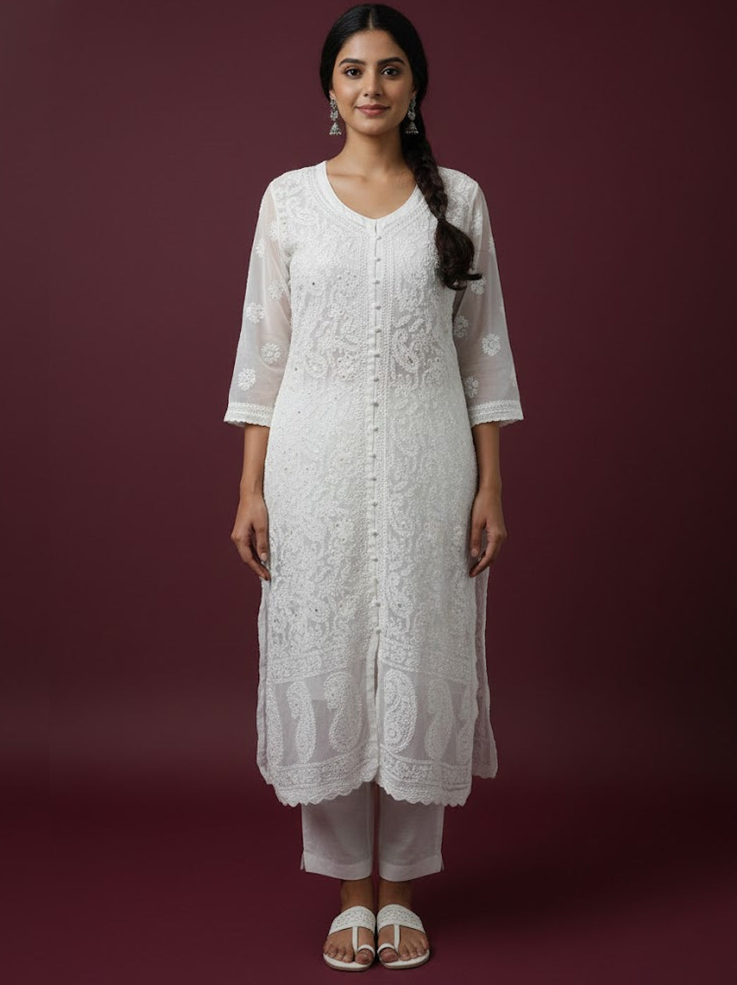 White Georgette Chikankari Straight Kurti
