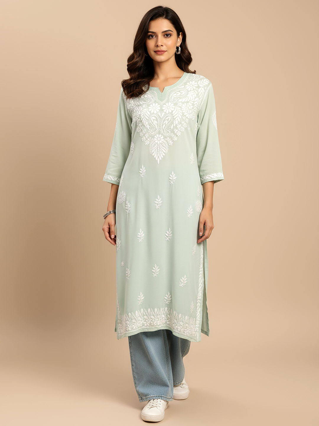 Sea Green Modal Chikankari Straight Kurti