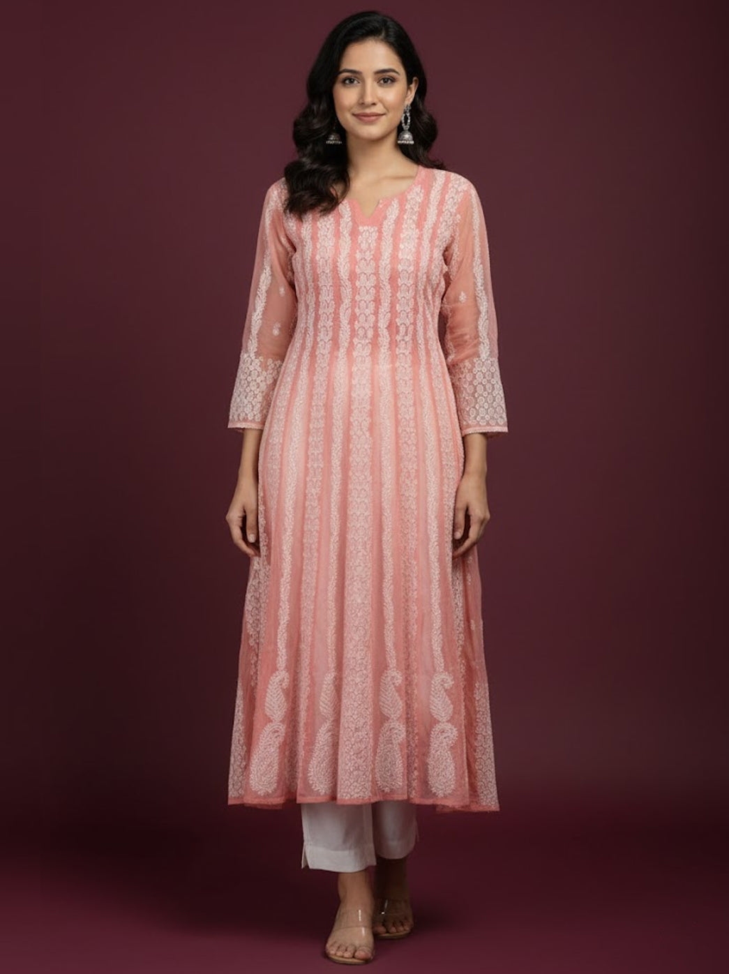 Peach Georgette Chikankari Anarkali Kurti