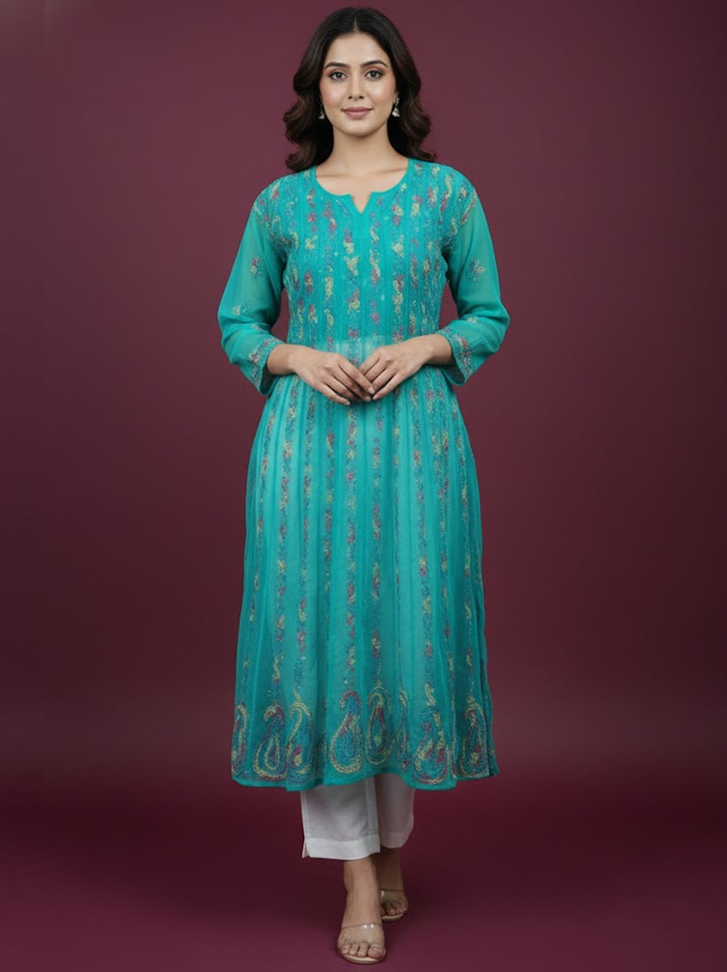 Teal Green Georgette Chikankari Anarkali Kurti
